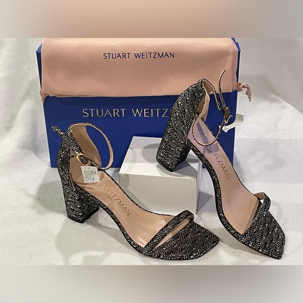 Stuart Weitzman Amelina Black Gold Speckled Block Heel Sz 6.5 BNWB Dustbag - Picture 6 of 7